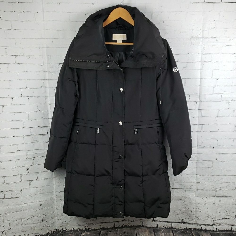 MICHAEL KORS BLACK LONG HOODED PUFFER COAT WITH QUILTED DESIGN SIZE LARGE